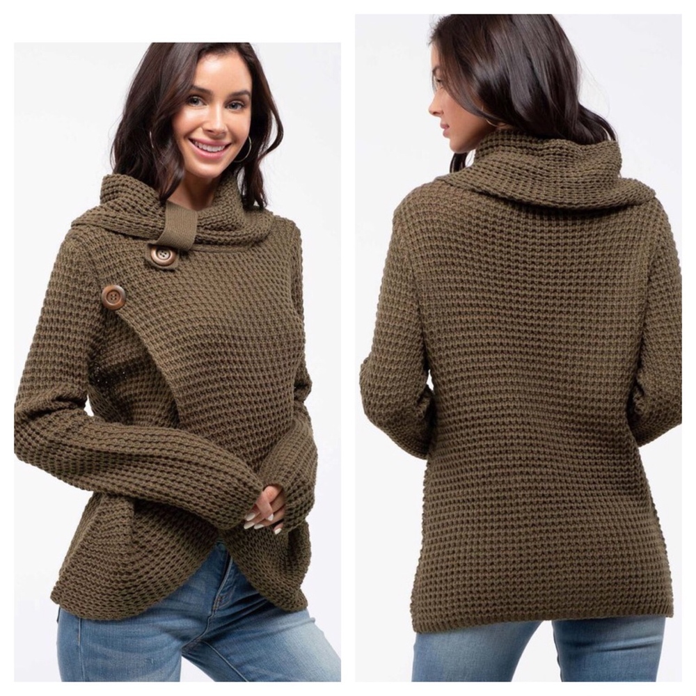 Cross Front Button Front Cow Neck Brown Sweater - Picture 2 of 2